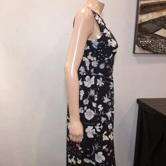 H&M Conscious Floral Maxi Dress Womens Size 8 Black Long Sleeveless Low Vneck - Picture 9 of 13